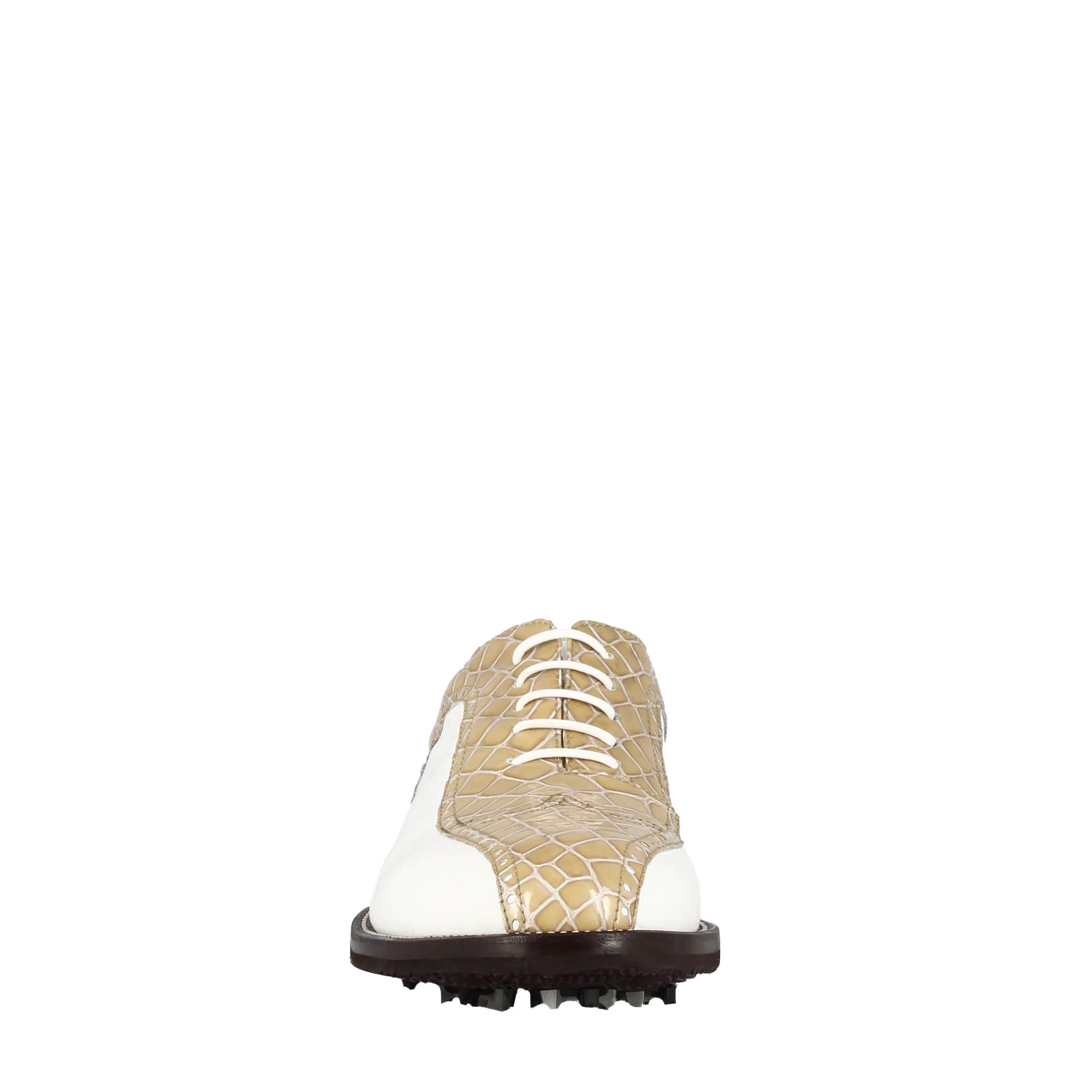 Scarpe da golf in pelle bicolore bianca e beige con stampa cocco - immagine 4