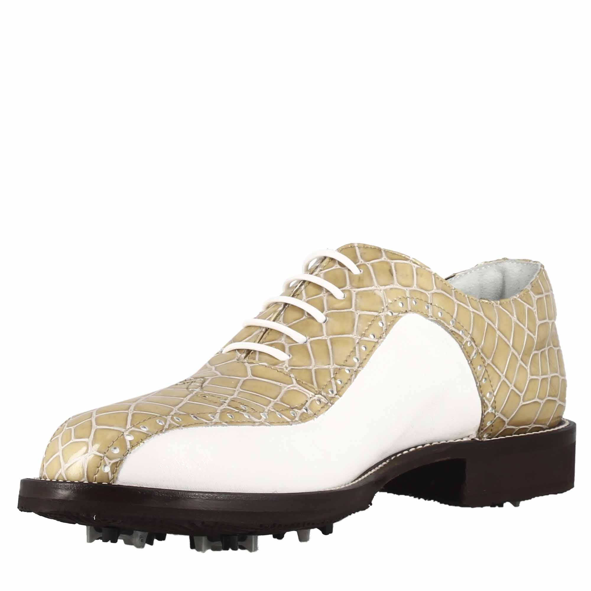 Scarpe da golf in pelle bicolore bianca e beige con stampa cocco - immagine 5