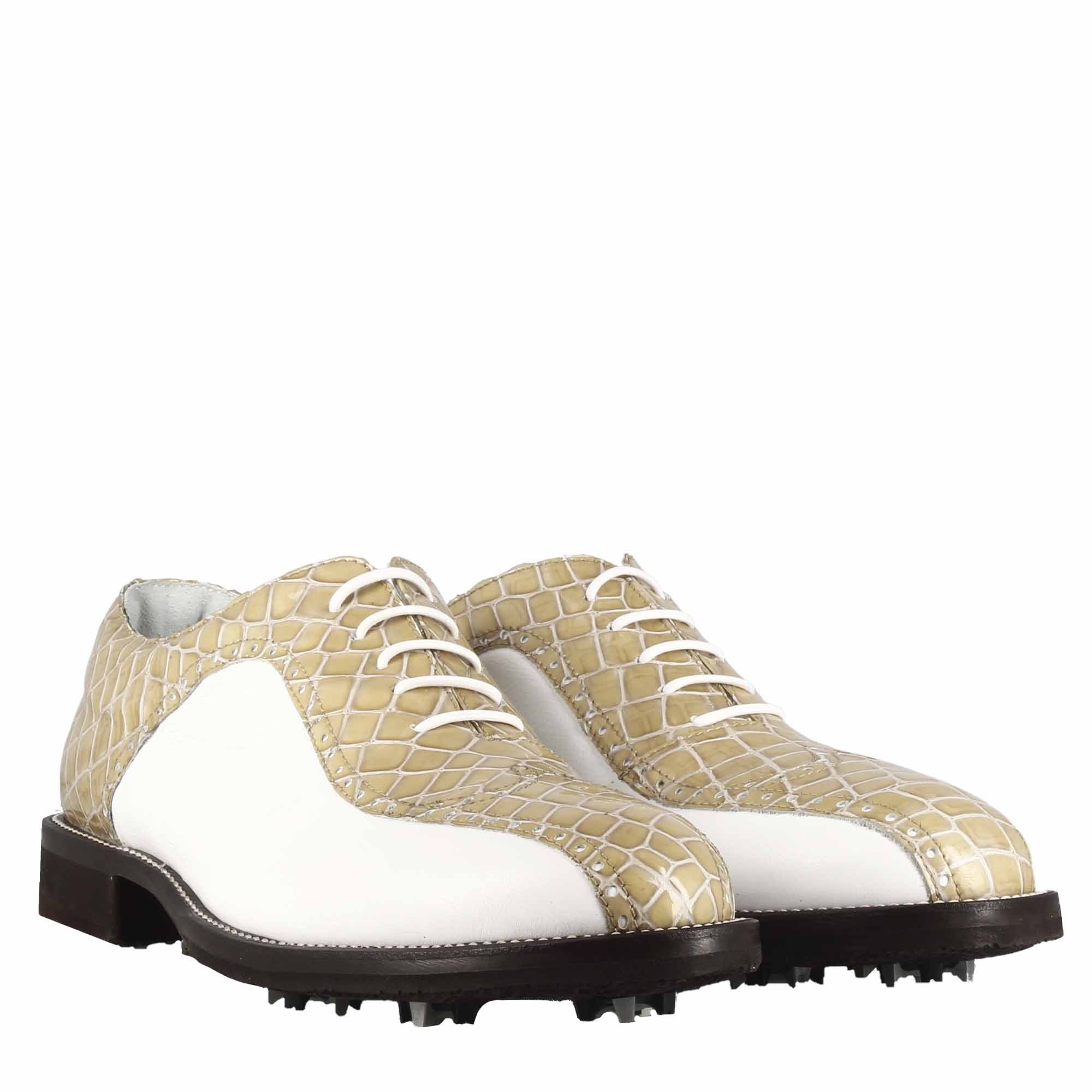 Scarpe da golf in pelle bicolore bianca e beige con stampa cocco - immagine 8