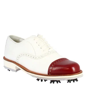 Scarpe golf artigianali in pelle bianco con puntale rosso