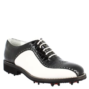 Scarpe golf artigianali in pelle pieno fiore bianco e cocco nero