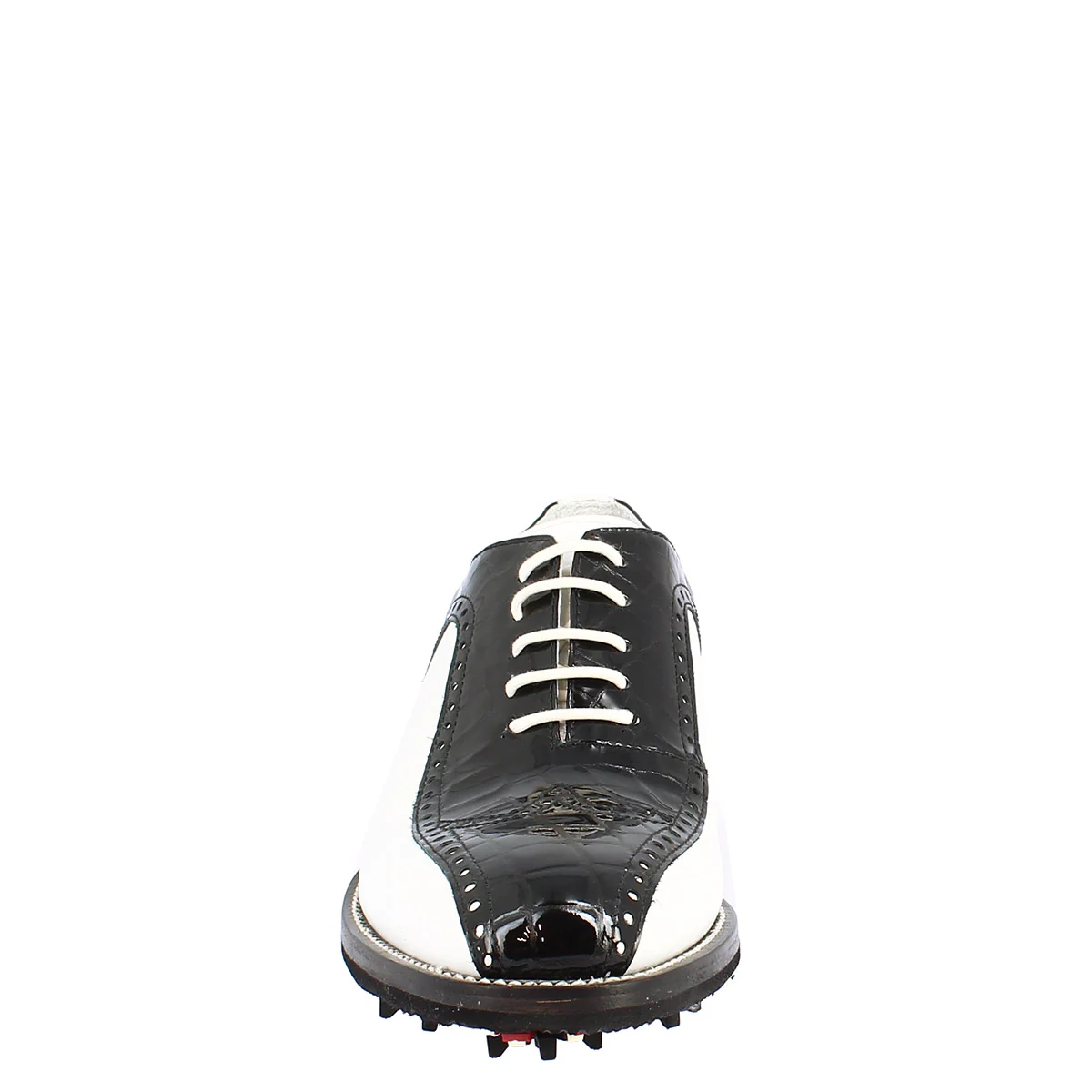 Scarpe golf artigianali in pelle pieno fiore bianco e cocco nero - immagine 4