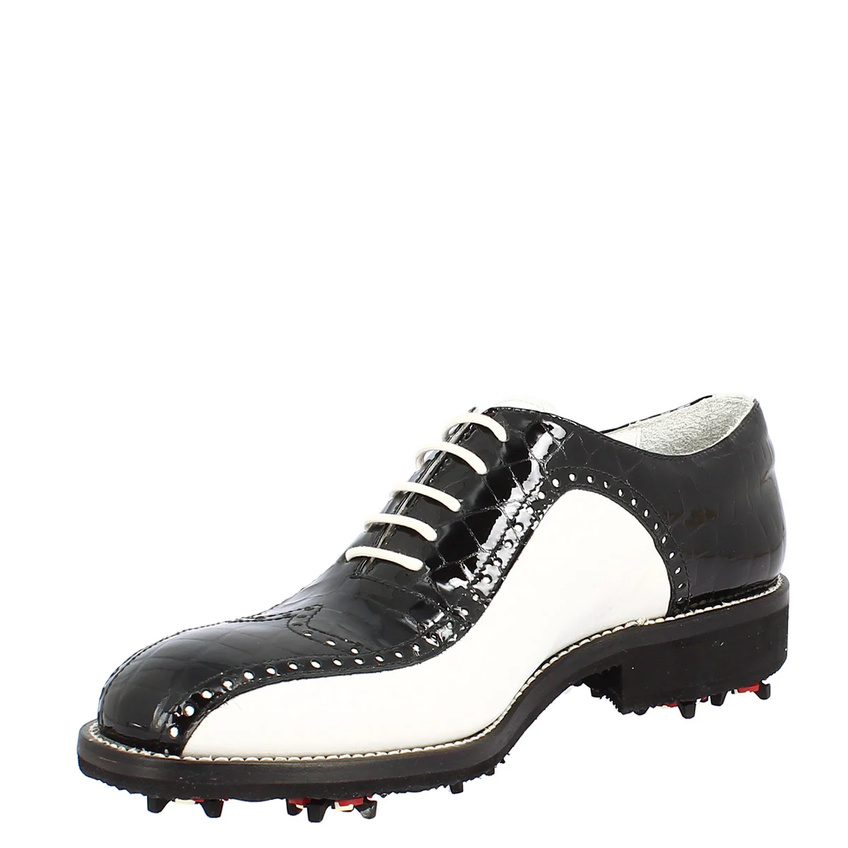 Scarpe golf artigianali in pelle pieno fiore bianco e cocco nero - immagine 6