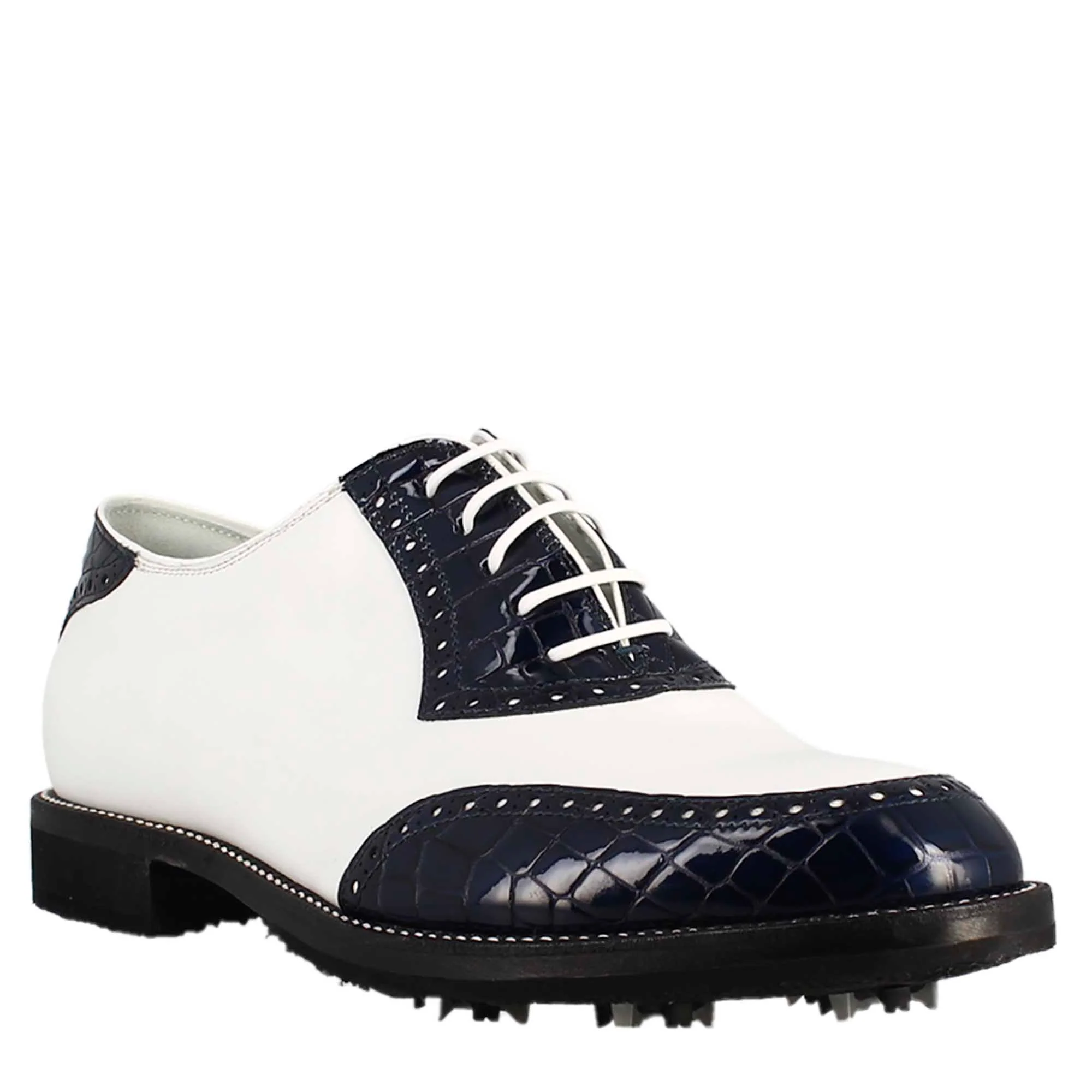 Scarpe golf artigianali in pelle bianco e cocco blu - immagine 2