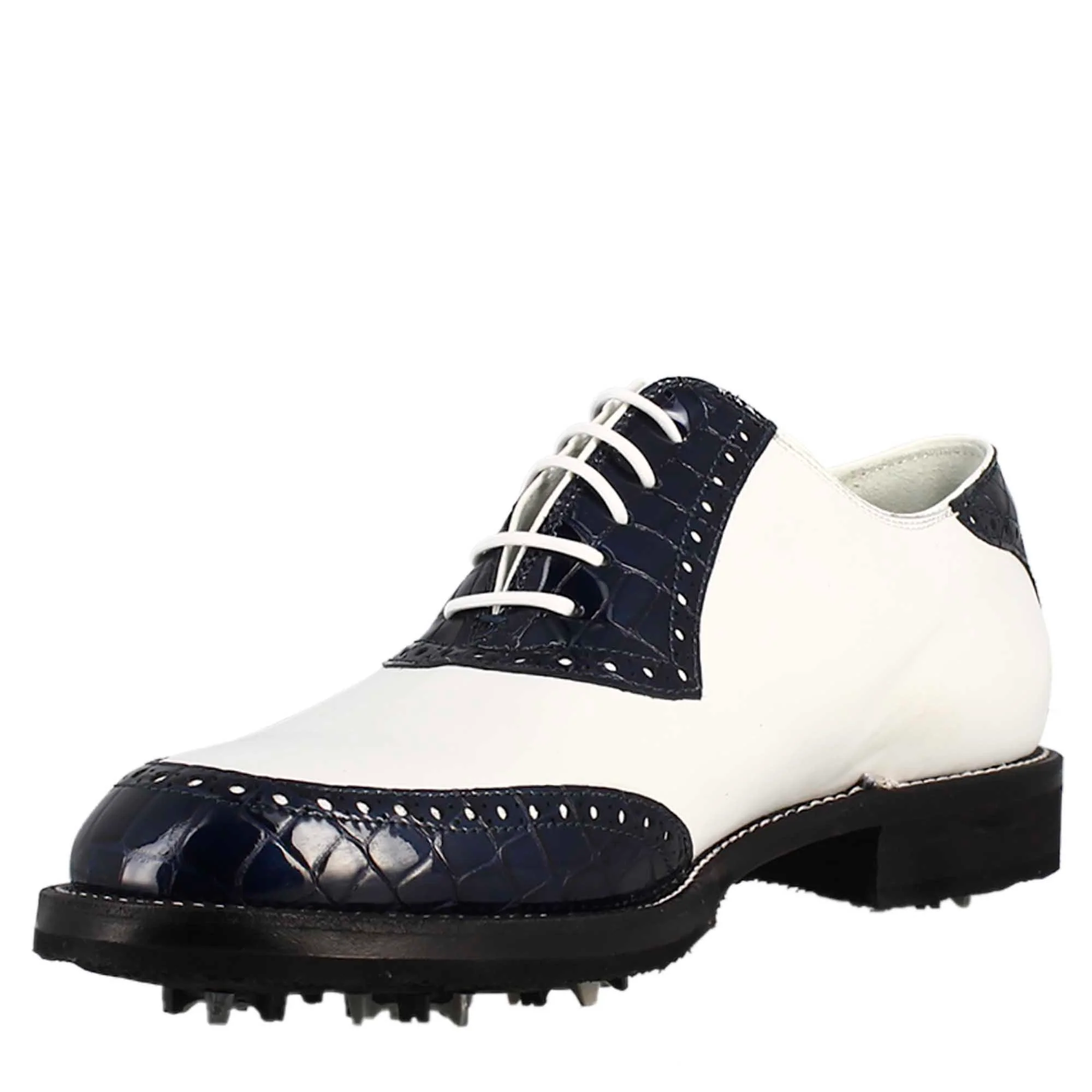 Scarpe golf artigianali in pelle bianco e cocco blu - immagine 5