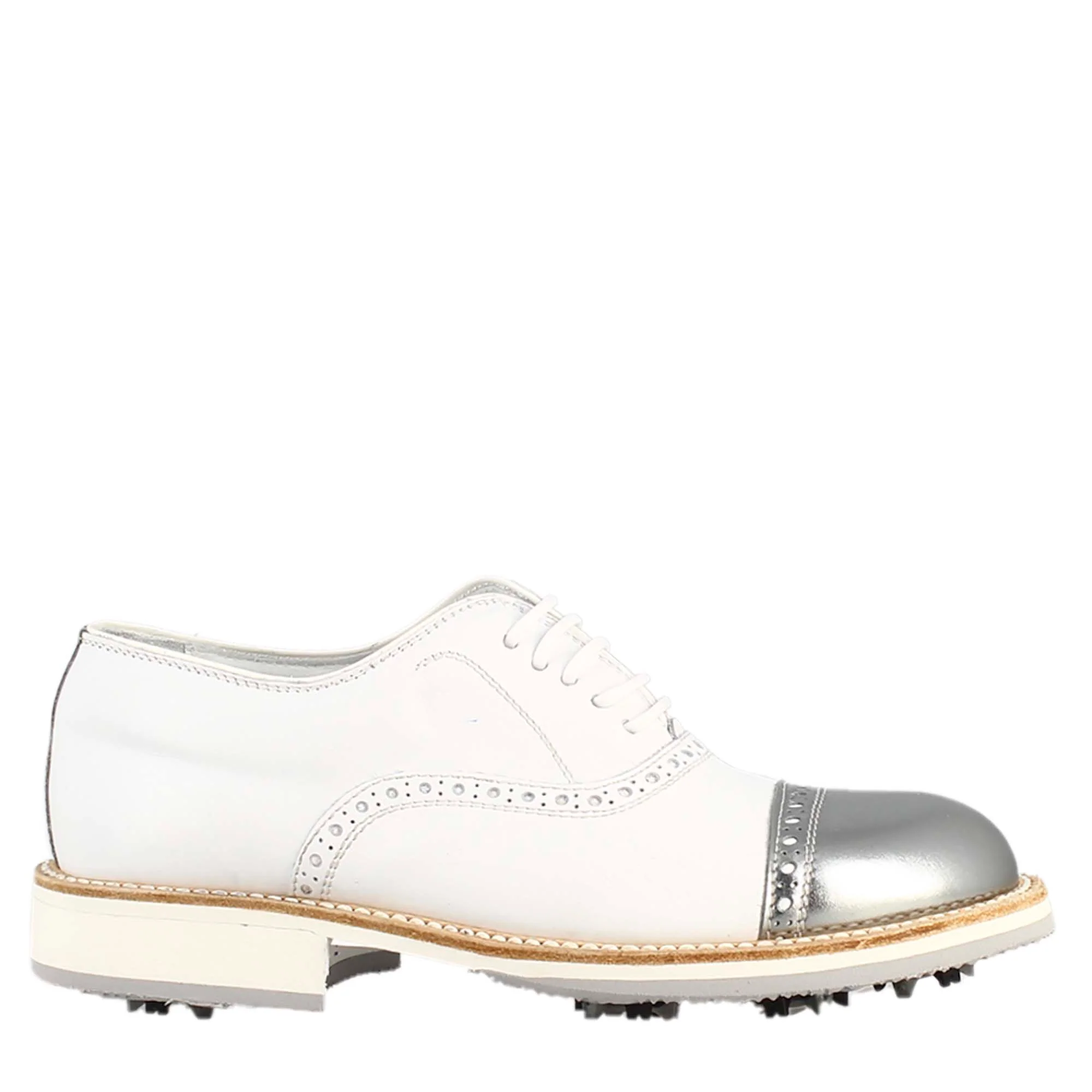 Scarpe golf artigianali in pelle bianco e dettagli in argento - immagine 3