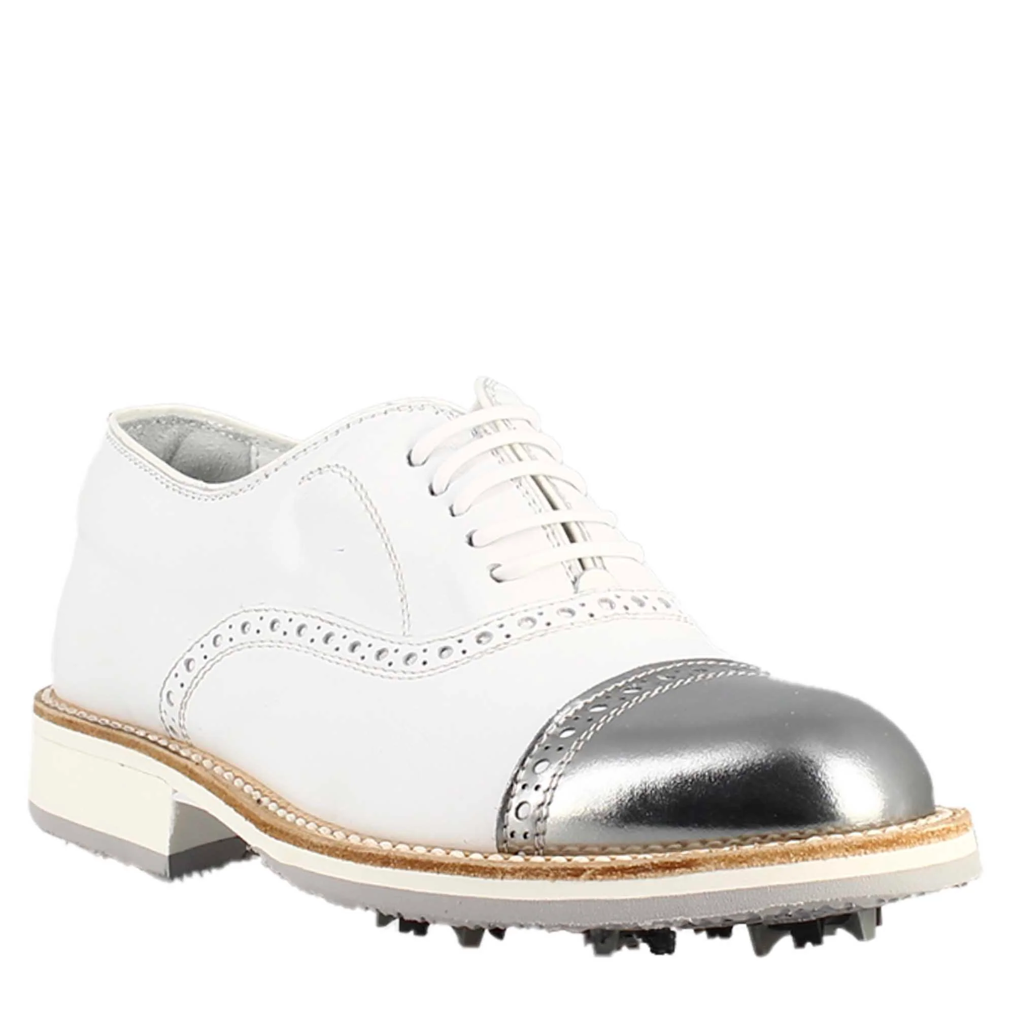 Scarpe golf artigianali in pelle bianco e dettagli in argento - immagine 2