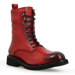 Stivaletto anfibio da donna in pelle colore rosso fatto a mano