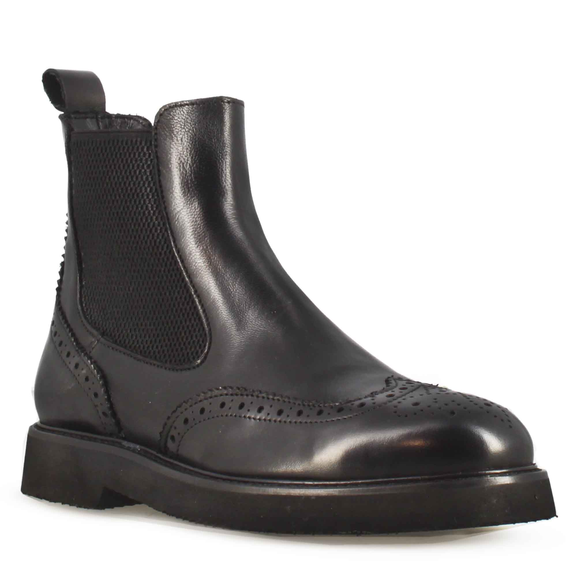 Stivaletto Chelsea brogue da donna in vera pelle colore nero - immagine 2