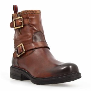 Stivaletto da donna con doppia fibbia in vera pelle colore marrone