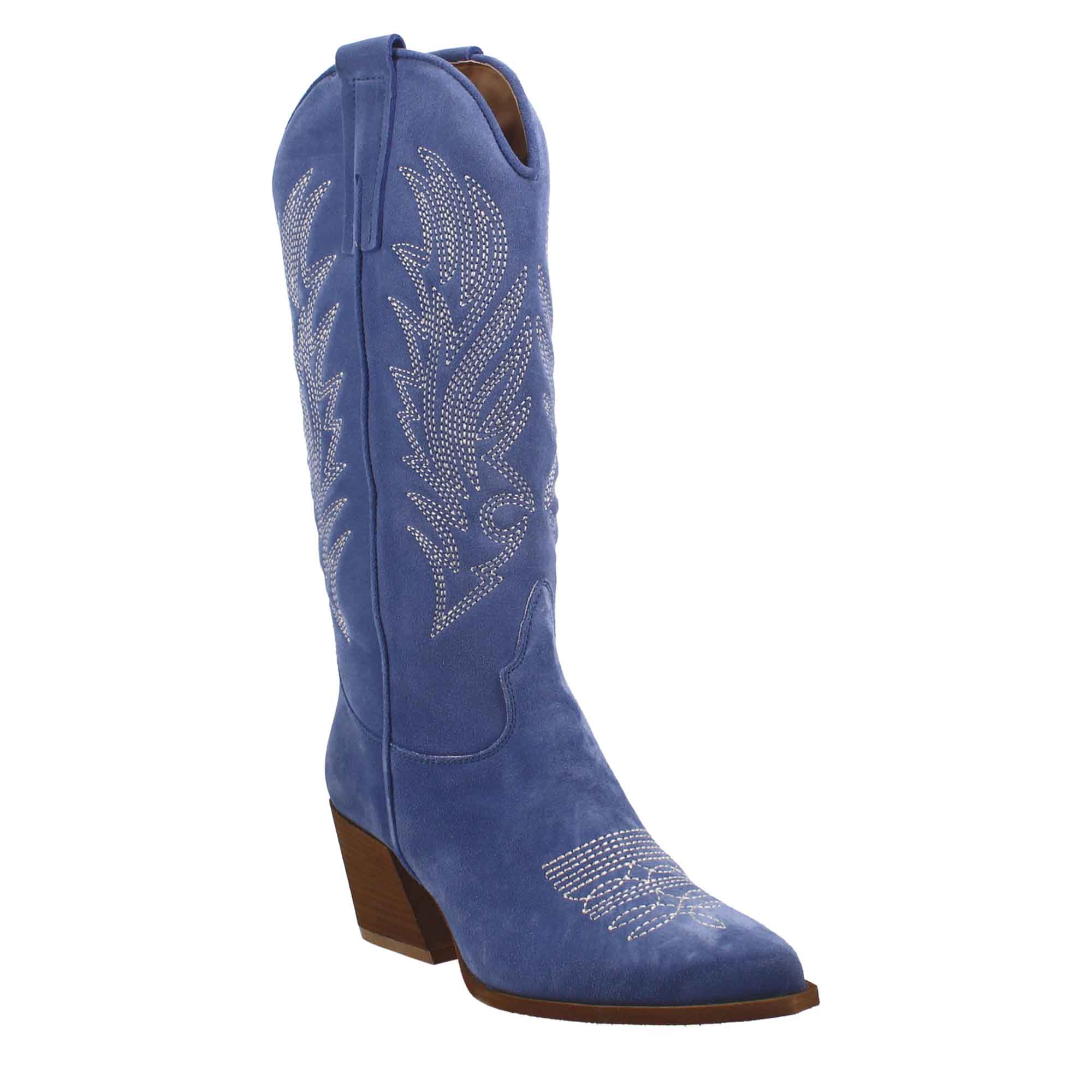 Stivali texani medi da donna in camoscio blu con ricami. - immagine 3