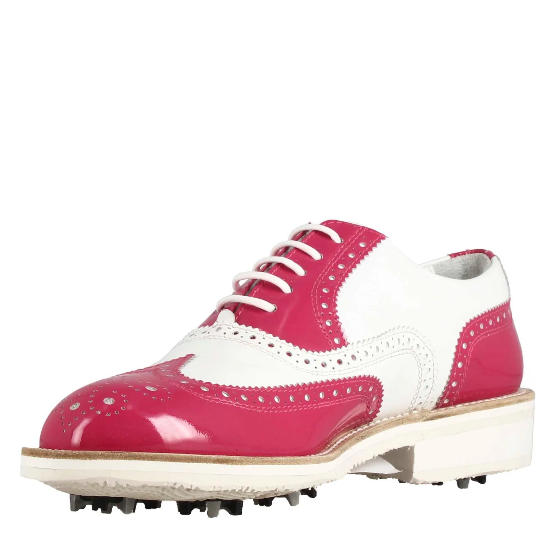 Scarpe golf fatte a mano in pelle lucida colore bianco rosa. - immagine 7